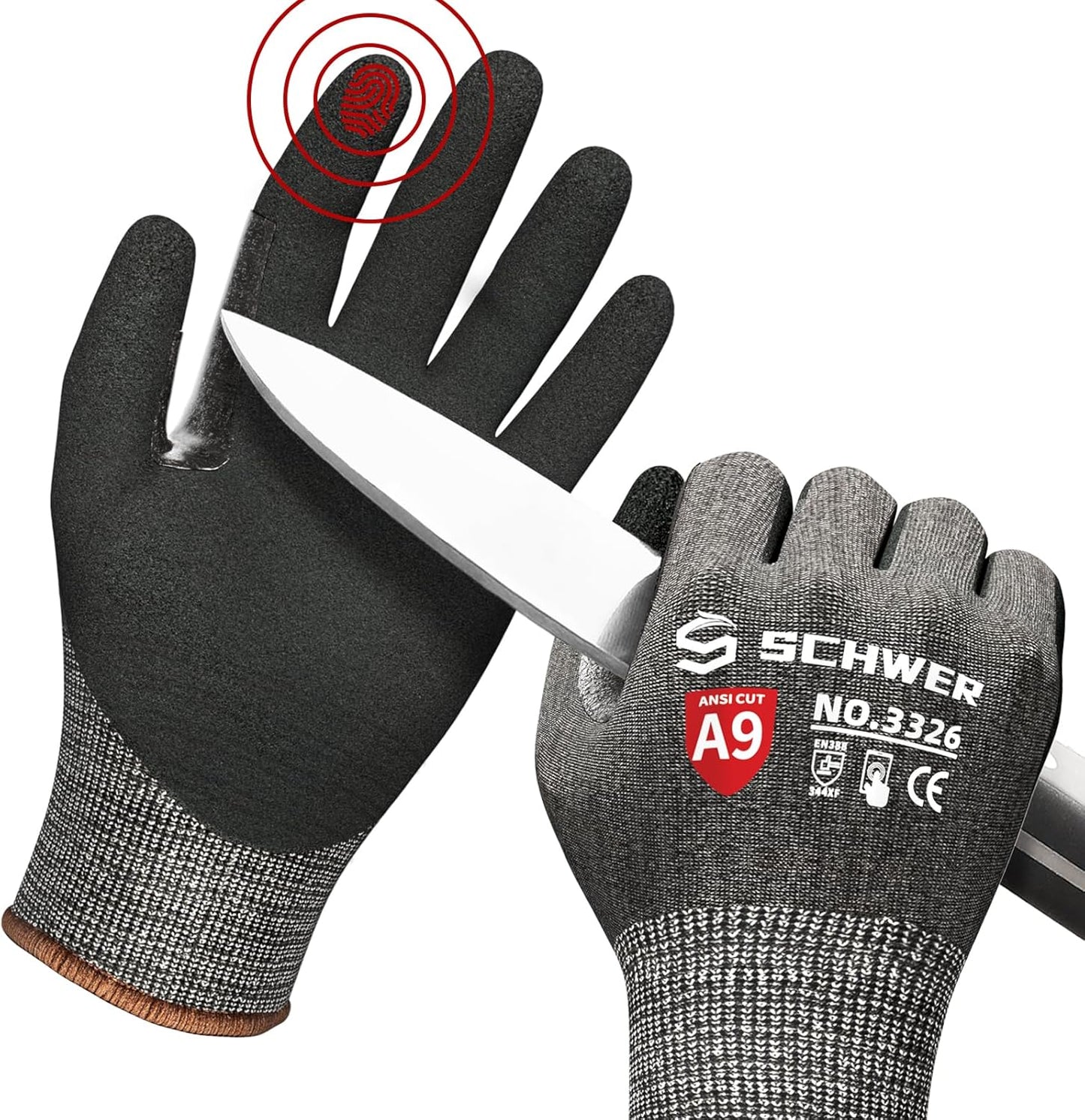 Schwer ProGuard Highest Level Cut Resistant Work Gloves PR3326 for Extreme Protection，ANSI A9 Cut Gloves with Reinforced Thumb, Non Slip, Breathable, Durable, Touch-screen, Non PFAS, Black 1 Pair（S）