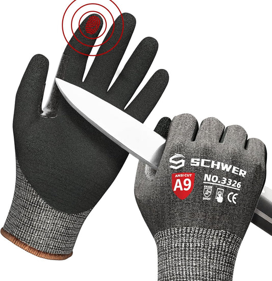 Schwer ProGuard Highest Level Cut Resistant Work Gloves PR3326 for Extreme Protection，ANSI A9 Cut Gloves with Reinforced Thumb, Non Slip, Breathable, Durable, Touch-screen, Non PFAS, Black 1 Pair（XL）
