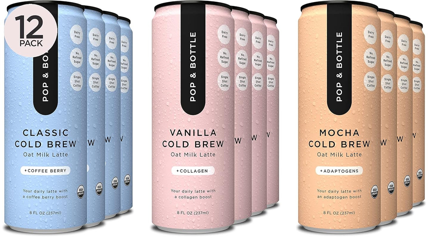 Pop & Bottle, Oat Milk Lattes - Cold Brew, Maca, Antioxidants, Ashwagandha, MCT Oil, Collagen, Organic, Diary Free, Gluten Free, Lightly Sweetened with Dates - Variety, 8 Fl Oz (12 Pack)