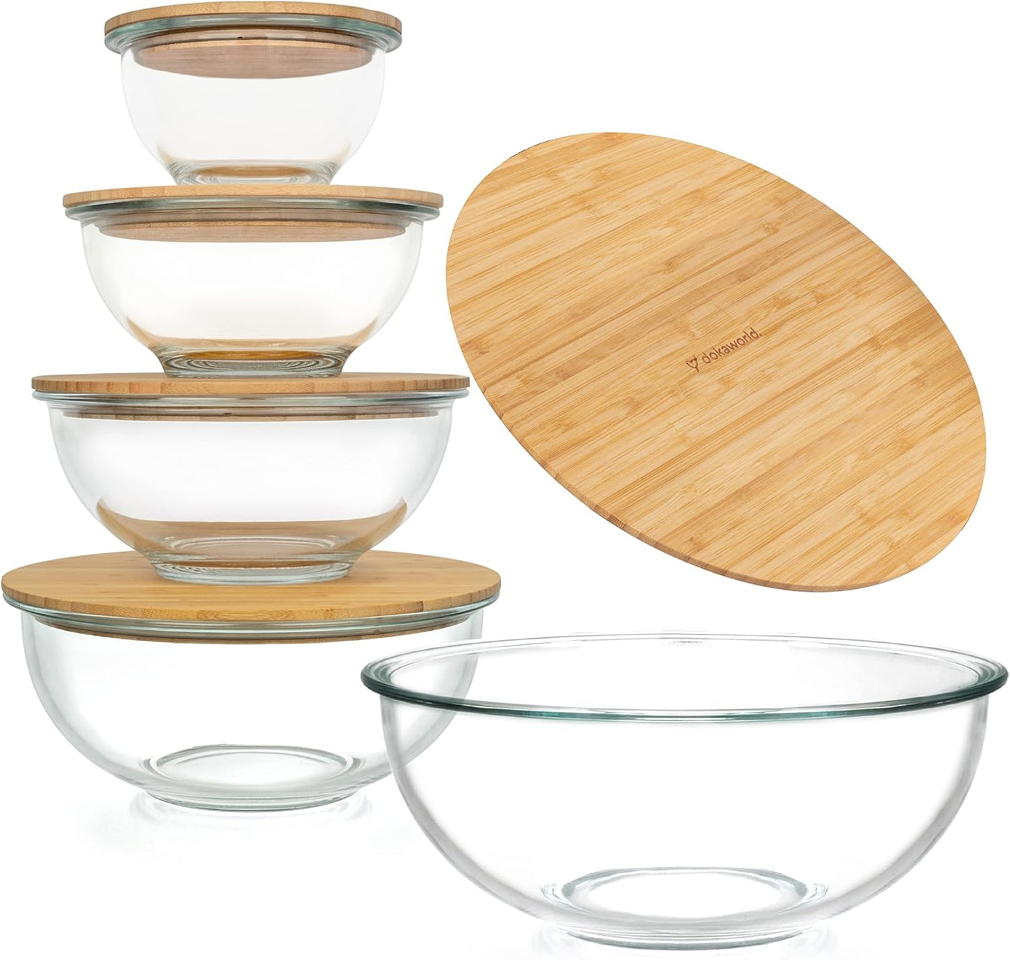 Stackable Space-Saving Set of 5 Nesting Glass Bowls with Bamboo Lids for Foodprep, Storage, Baking, Mixing & Cooking, Microwave & Oven Safe BPA Free Heat Resistant Inert Borosilicate Glass