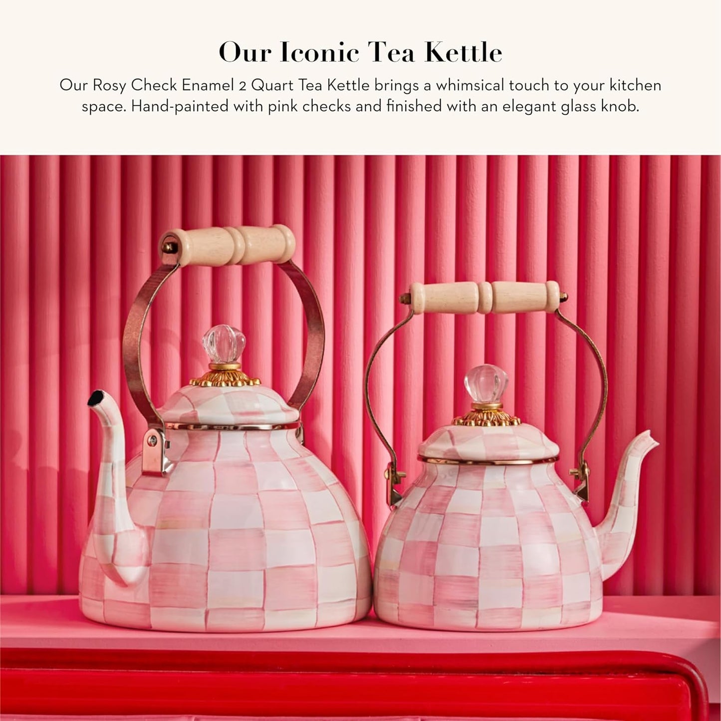 MACKENZIE-CHILDS Enamel Tea Kettle, Stylish Tea Kettle for Stovetop, Pink-and-White Rosy Check, 2 Quarts