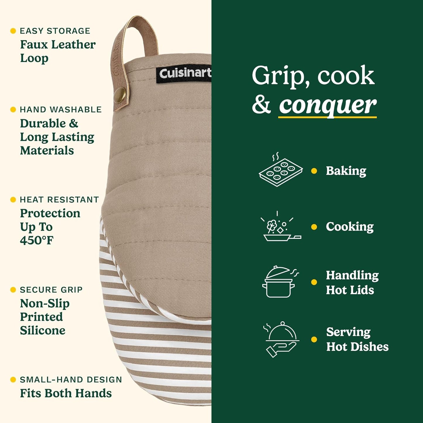 Cuisinart Mini Oven Mitts – 5.5” x 8” Heat-Resistant Kitchen Mitts for Oven with Non-Slip Printed Silicone, Cotton Filling, and Faux Leather Loop – Durable Oven Mitt Set for Cooking & Baking (Horizon)