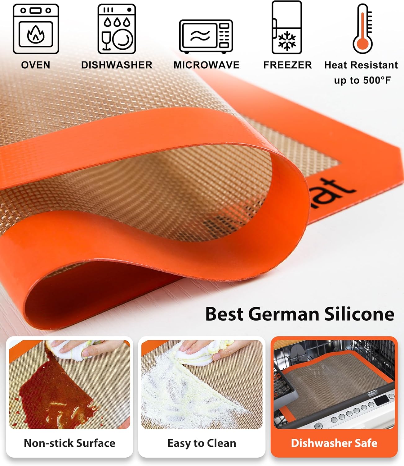 Silicone Baking Mats - Best German Silicone, Non Slip Baking Sheet, Non Stick Reusable Silicone Mats For Baking, Food Grade Oven Liner, Counter Mat, Set of 6