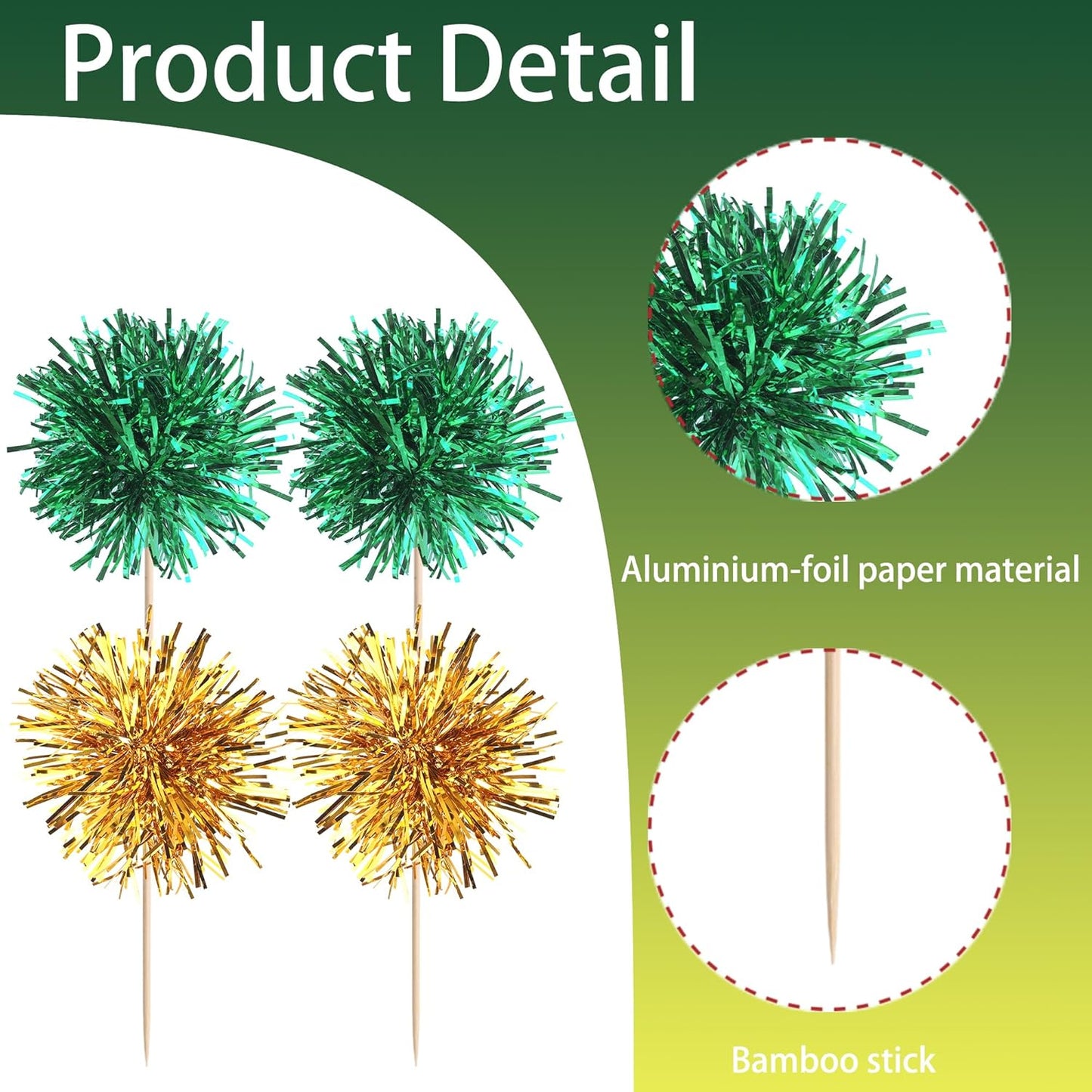 40 PCS Foil Firework Cupcake Toppers Fireworks Cupcake Picks Sparkle Tinsel Cake Decorations Cocktail Fruit Toothpick for Firework Theme Birthday Wedding Graduation Party Decor Supplies Gold Green