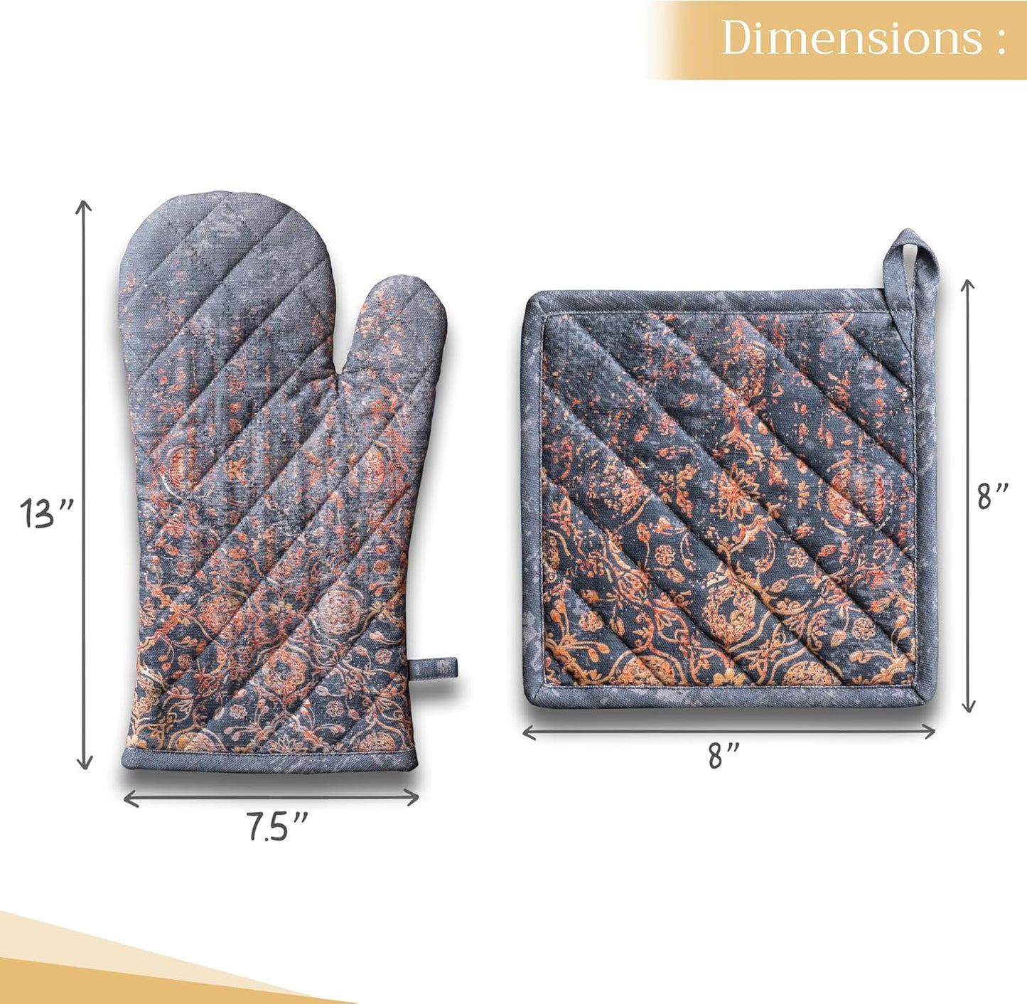 Maison d' Hermine 100% Cotton Oven Mitt & Pot Holder Set (7.5"x13" & 8"x8") Heat Resistant BBQ Cooking Gloves with Loop, Baking, Grilling, Kitchen, Handling Hot Pans (Imperfection)