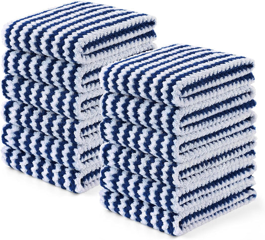 Homaxy Kitchen Towels(12 Pack, 10 x 20 inches), Ultra Soft and Absorbent Dish Towels, Reusable Fast Drying Microfiber Cleaning Cloth, Coral Velvet Wave Design No-lint, Navy Blue
