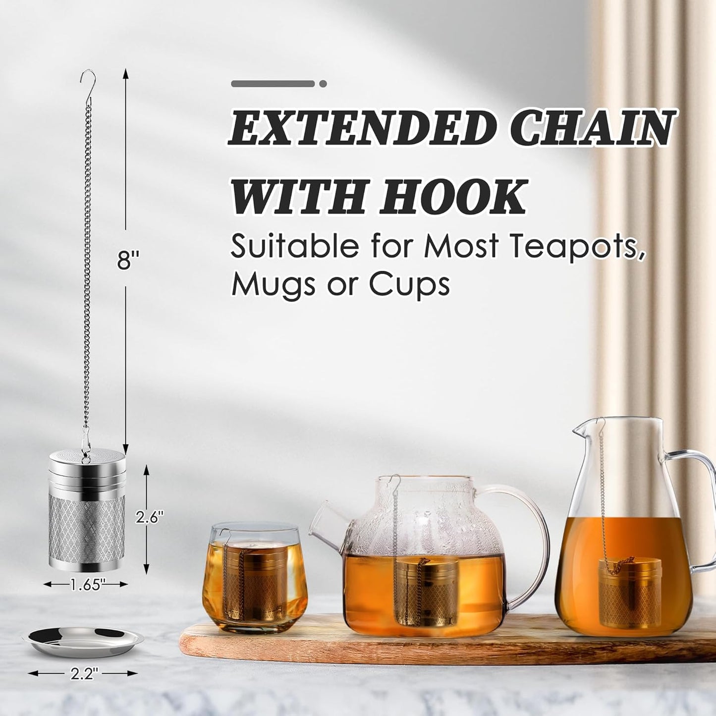 Tea Infusers for Loose Tea, Extra Fine Mesh Tea Strainers, 18/8 Stainless Steel Loose Leaf Tea Steeper Tea Diffusers with Extended Chain Hook and Drip Tray 1 Pack