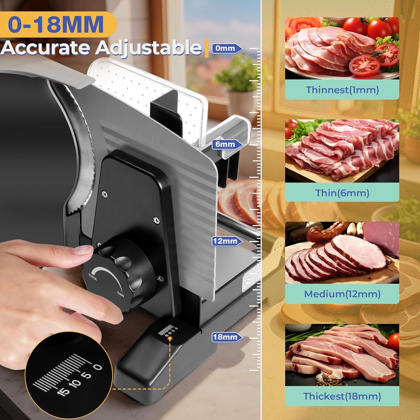 Meat Slicer 200W for Home Use, 2 Removable 7.5" Stainless Steel Blades, Electric Food Slicer with 0-18mm Adjustable Thickness, Child Lock, 1 Tray, and 1 Towel