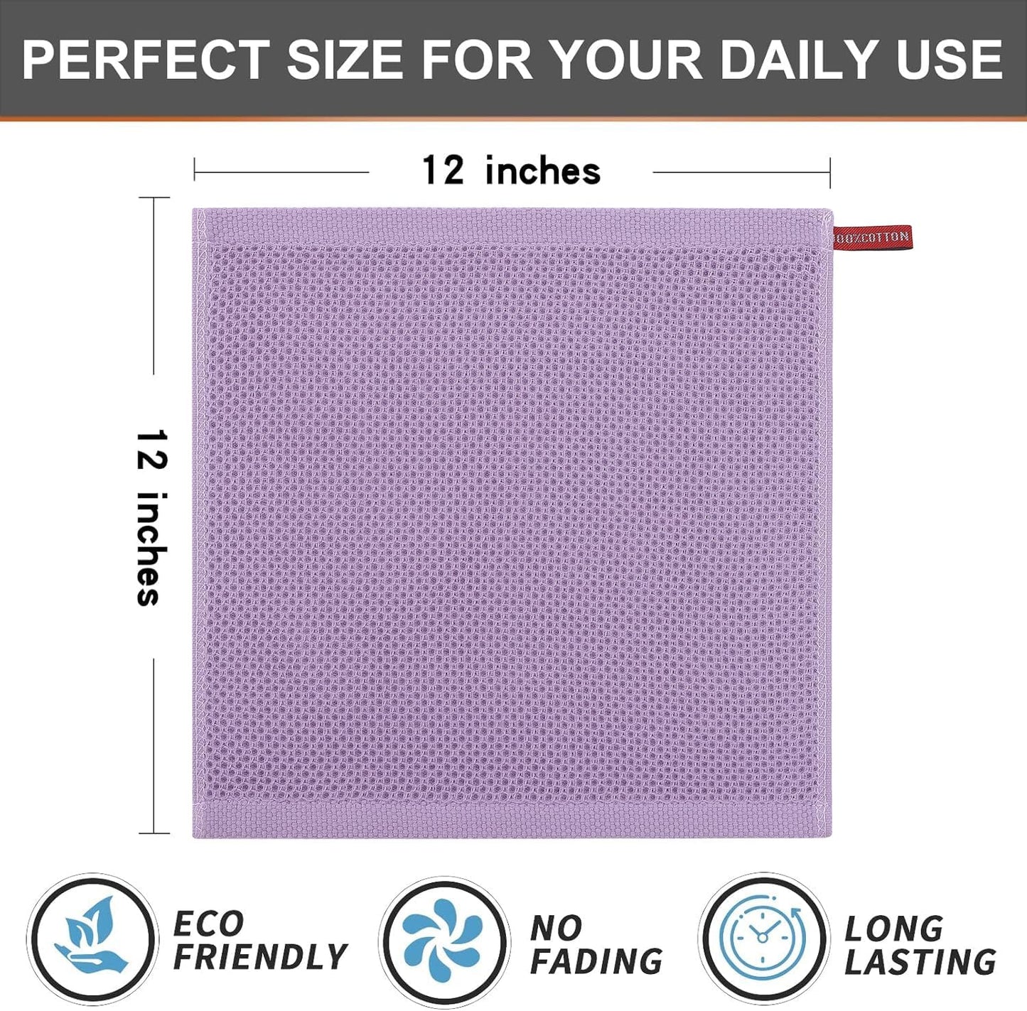 Kitinjoy 100% Cotton Kitchen Dish Cloths, 12 Pack Waffle Weave Ultra Soft Absorbent Dish Towels for Drying Dishes Quick Drying Kitchen Towels Dish Rags, 12 X 12 Inches, Lavender