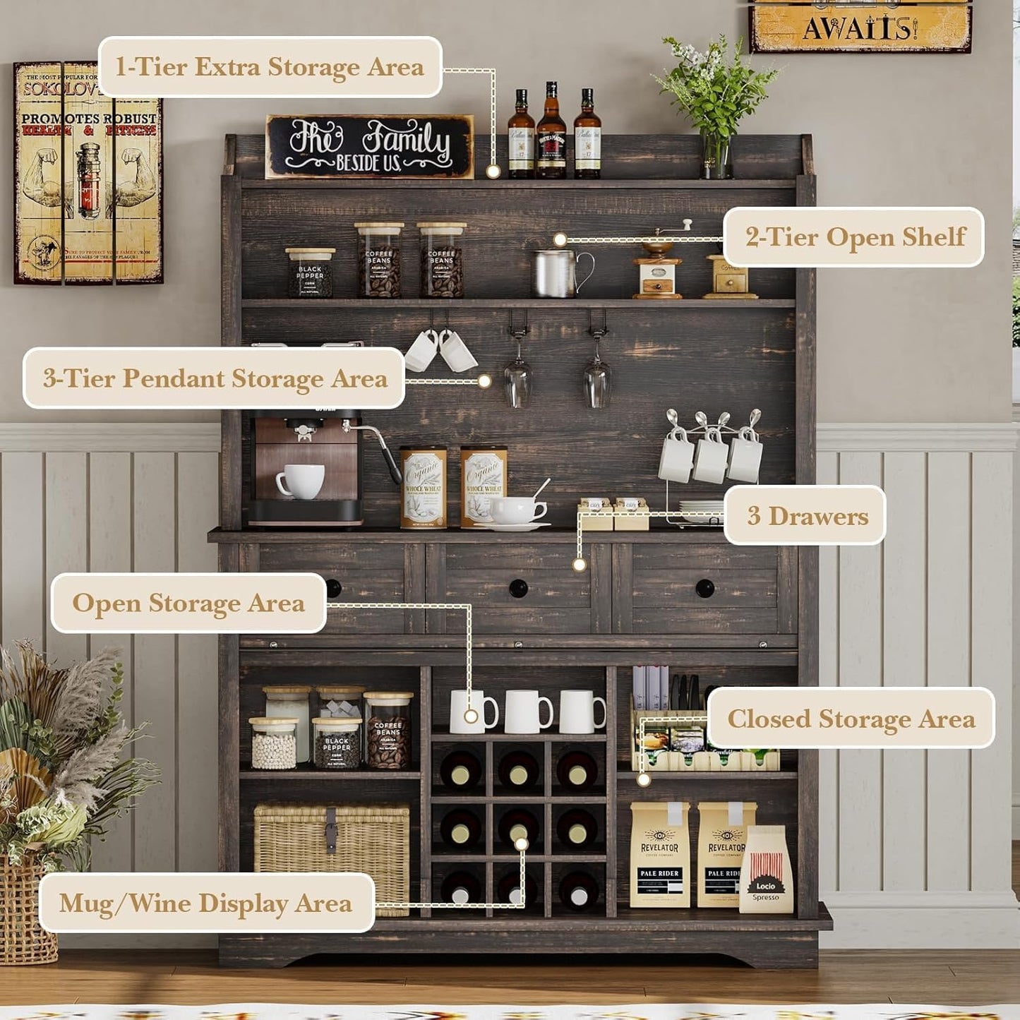 63 Inch Tall Coffee Bar Cabinet with 3-Tier Storage, Kitchen Hutch with 3 Drawers, Farmhouse Coffee Bar with 9 Racks & 3 Glass Holders, Wine Bar Cabinet for Living Dining Room, Oak