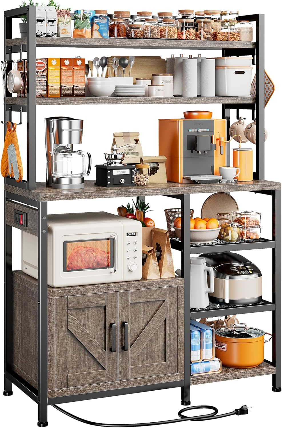 EnHomee Bakers Rack with Power Outlet, 6 Tier Microwave Stand, Coffee Bar Organizer with 8 L-Shaped Hooks, Kitchen Shelves with Storage, 14.1 x 30.1 x 63.1 Inches, Black Oak