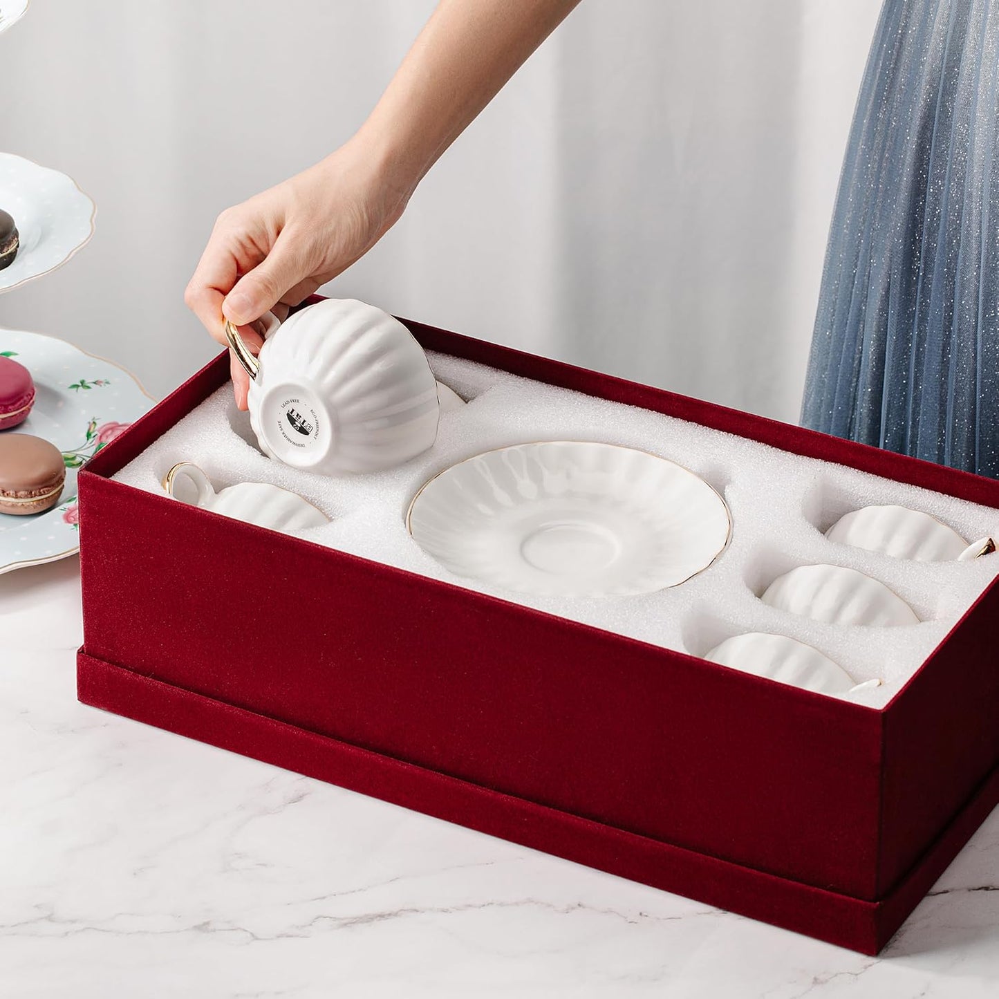 BTaT- White Tea Cups and Saucers Set With Gift Box, 7oz, Set of 6 With Gold Rim, for Adults, Bulk