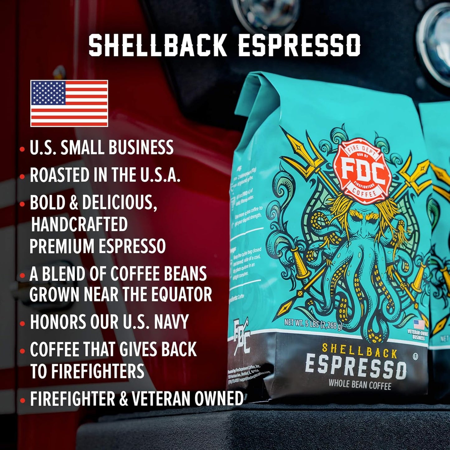 Fire Department Coffee - Gives Back to Firefighters - Bold & Smooth Shellback Espresso Coffee Beans - Roasted in the USA - Premium Espresso Beans - Veteran Owned - Bulk 5 LB