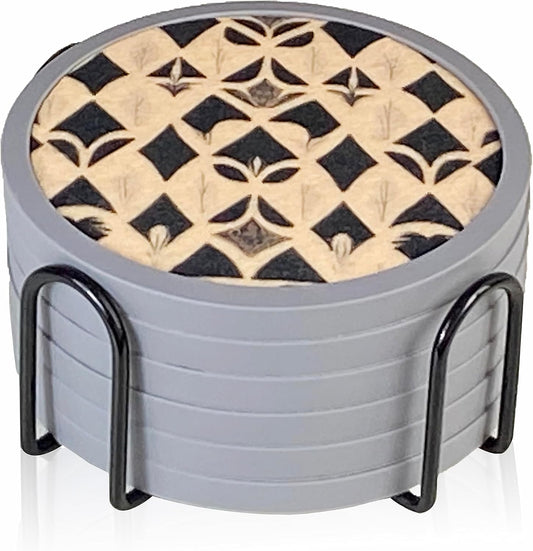 Absorbent Coasters for Drinks with Holder - 6packs, Silicone Coaster with Soft Felt Insert (4.3 inch Coasters with 4.5 inch Holder, Dual-Sided Ears of Wheat Artistry)