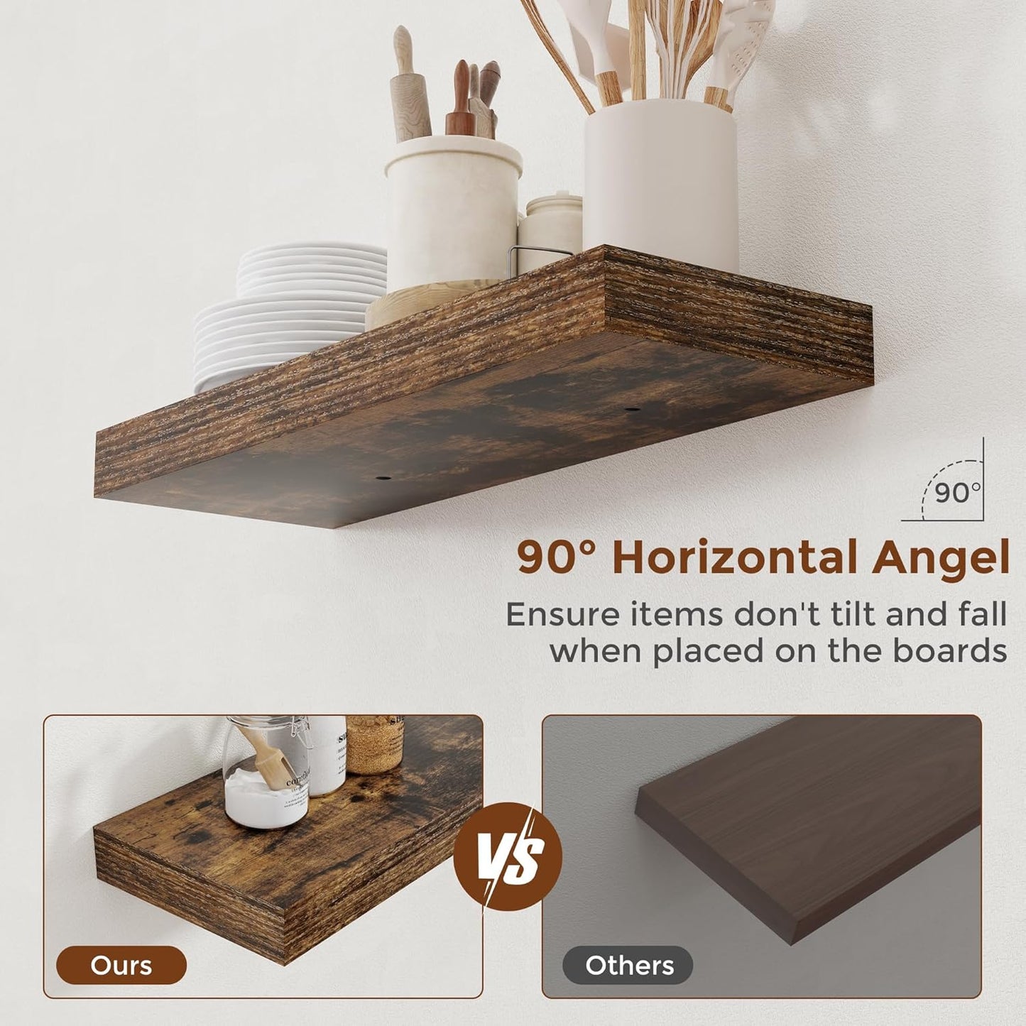 Heimlove 24 Inch Floating Shelves for Wall Rustic Brown Shelves Set of 2,Wall Mounted Rustic Wood 8 Inch Deep Floating Shelf with Invisible Brackets for Bedroom Kitchen Living Room