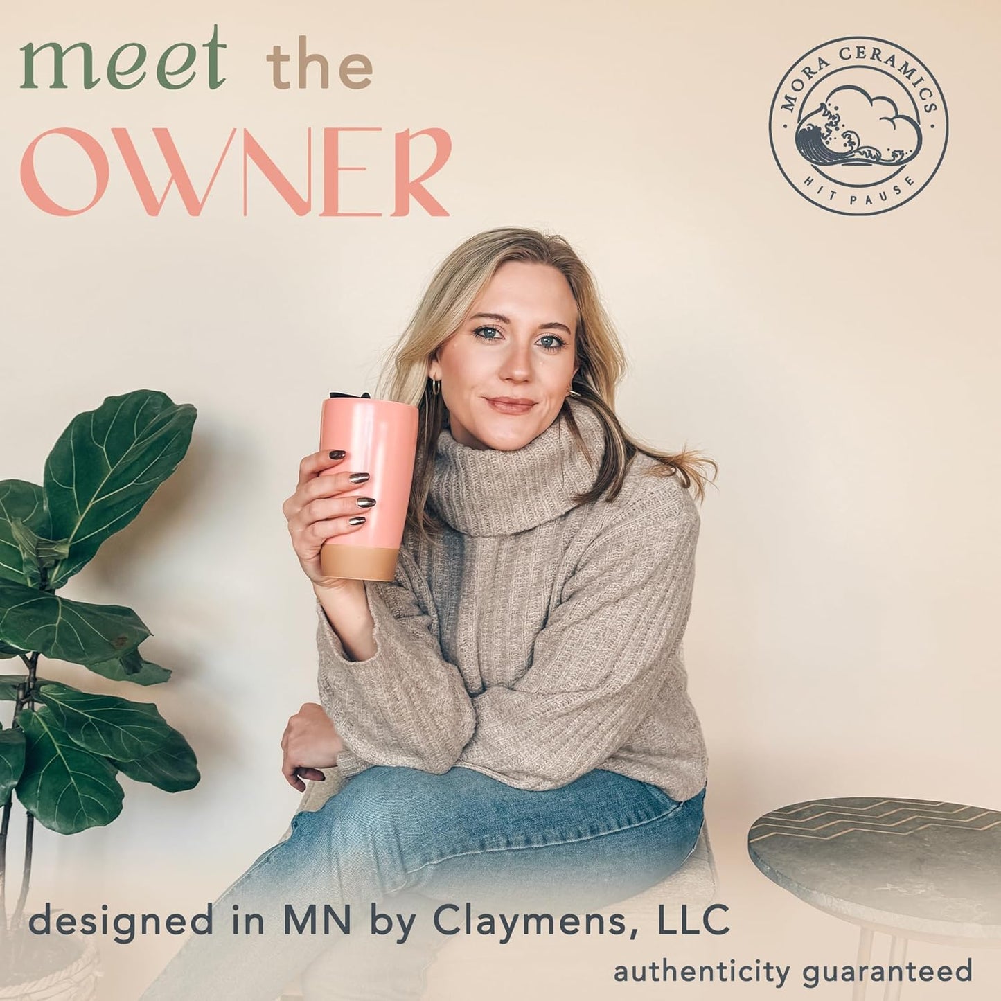 Mora Double Wall Ceramic Coffee Travel Mug with Lid, 14 oz, Portable, Microwave, Dishwasher Safe, Insulated Reusable Tall Cup, Splash Resistant Lid - To Go Tumbler for Car Cup Holder, Pink Salt