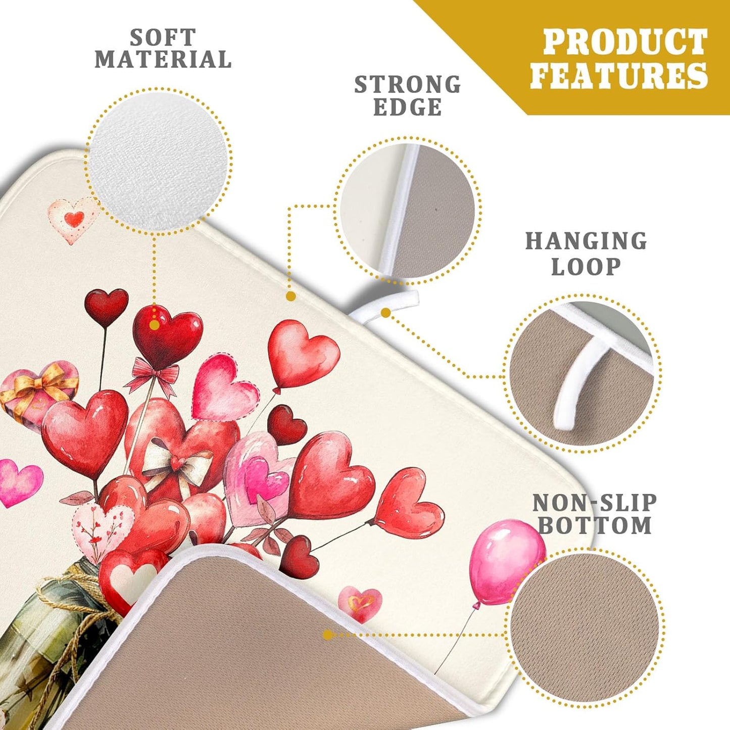 Valentine's Day Dish Drying Mat for Kitchen Counter,Red Love Canes Hearts Decorative Mason Jar Drying Mat 16 x 18 Inch with High Absorbent Microfiber Drainer Mat for Coffee Bar