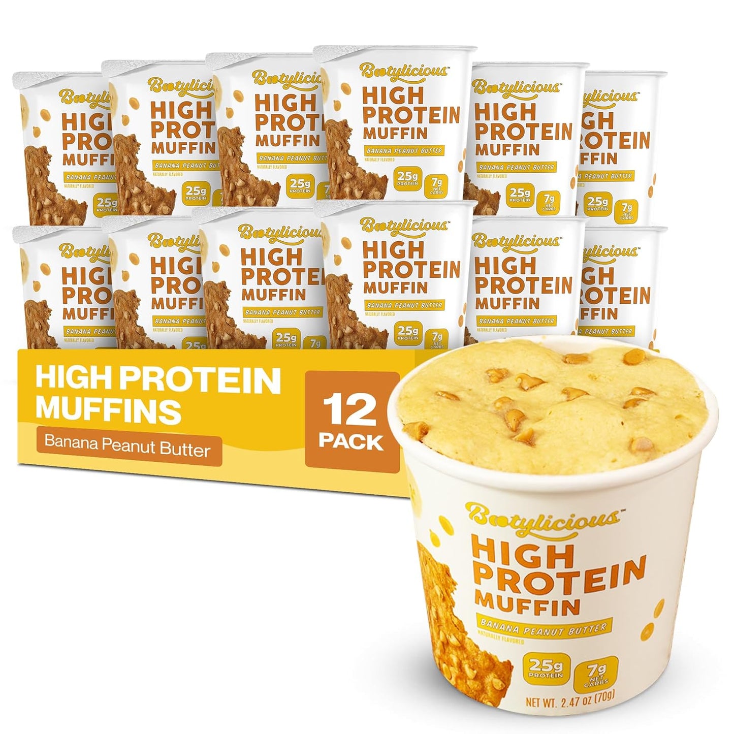 Bootylicious | High-Protein Muffin | 25g Protein, 7g Net Carbs, 2.32-2.75oz Cup, 12-Pack (Banana Peanut Butter)