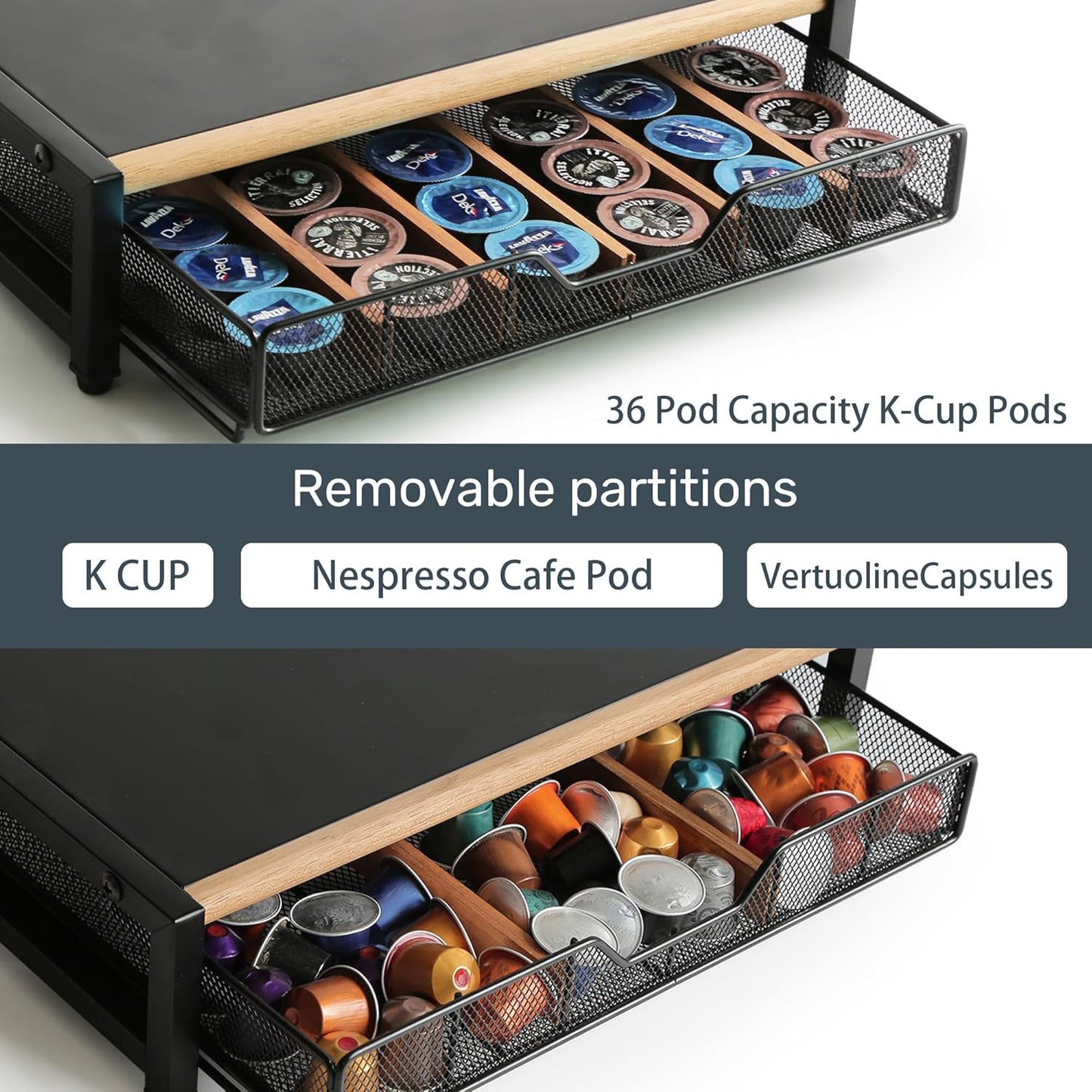 Coffee Pod Drawer,Coffee Station Organizer for Coffee Pod Storage,Movable Solid Wood Partition Board, Counter Coffee Bar Accessories for Nespresso Pods,Cream, Spoon, Sugar（Black)