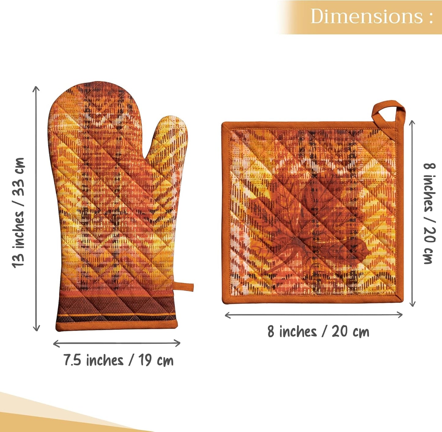 Maison d' Hermine 100% Cotton Oven Mitt & Pot Holder Set (7.5"x13" & 8"x8") Heat Resistant BBQ Cooking Gloves with Loop, Baking, Grilling, Kitchen, Handling Hot Pans (Thanksgiving Tartan)