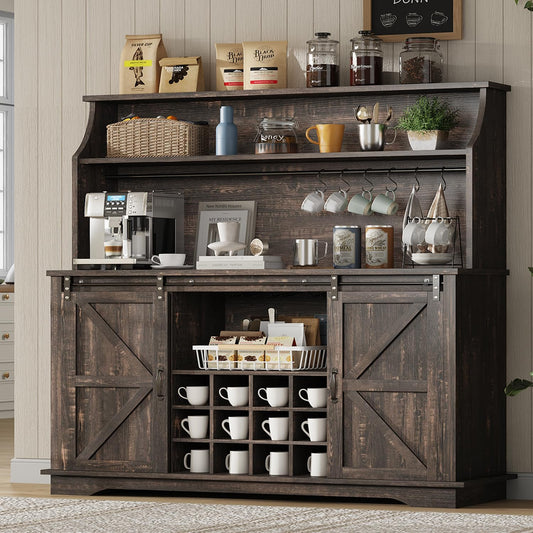 55 Inch Farmhouse Coffee Bar Cabinet with 3-Tier Storage, Kitchen Hutch with12 Wine Racks & 3 Glass Holders, Coffee Bar with 6 Hooks, Wine Bar Cabinet for Dining Living Room, Oak