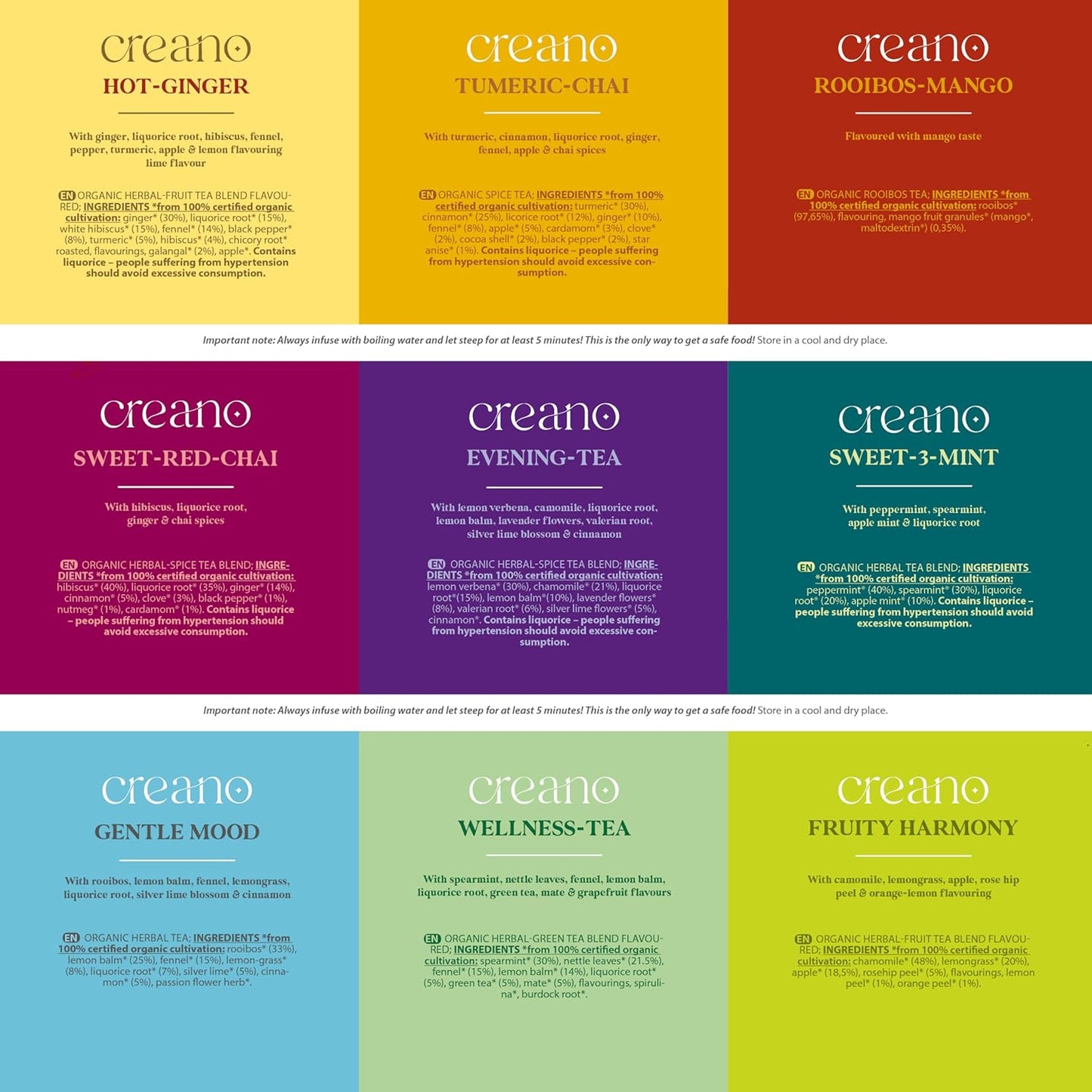 Creano Organic Herbal Tea Sampler Gift Set - Tea Gift Box - 27 Organic Tea Bags in 9 Different Varieties 54 g