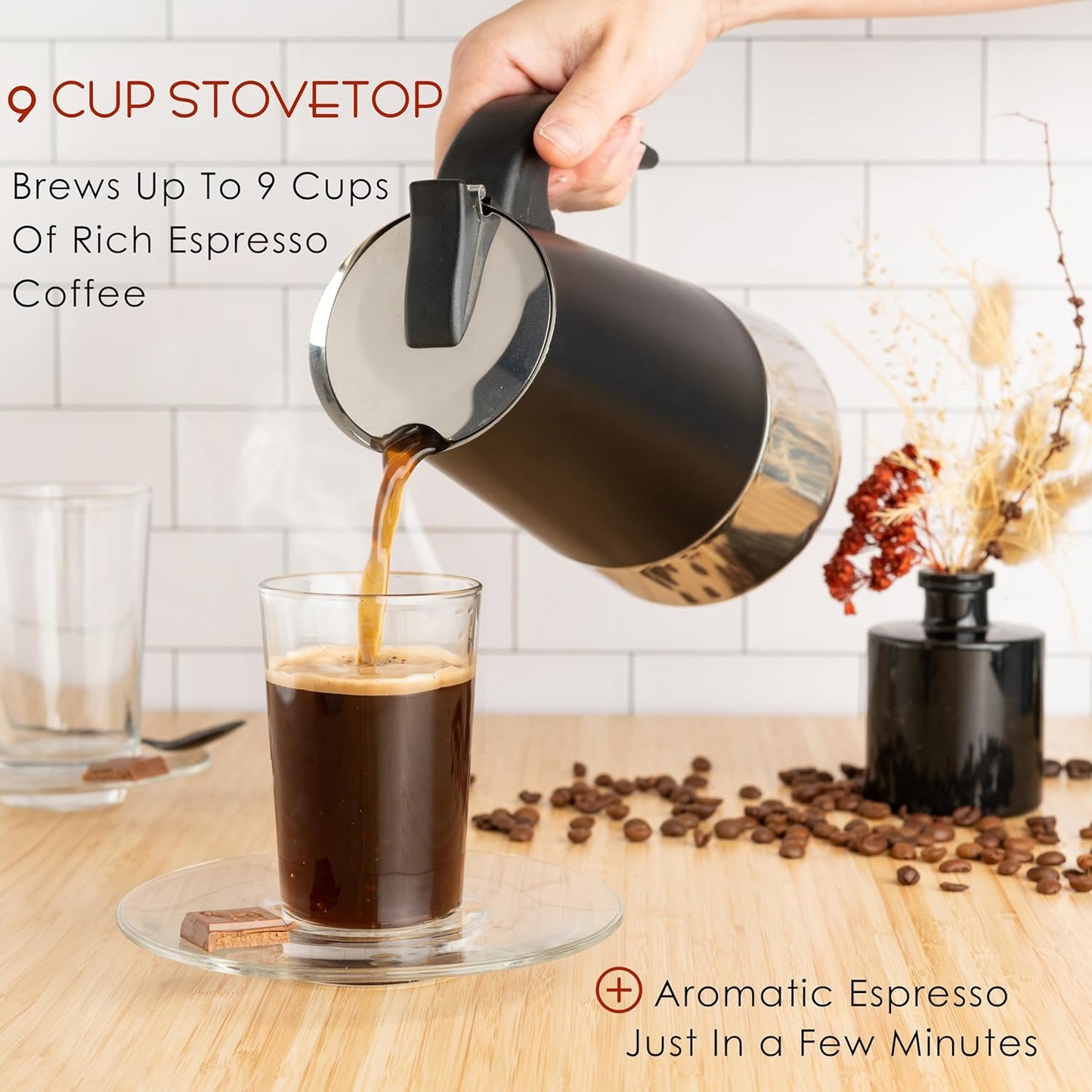 Mixpresso Black 9 Cup Greca Stovetop Espresso Pot 450ml/15oz, Moka Pot with Coffee Percolator Design, Stainless Steel Stove Top Coffee Maker for Camping or Home Use,Italian Stovetop Espresso Maker