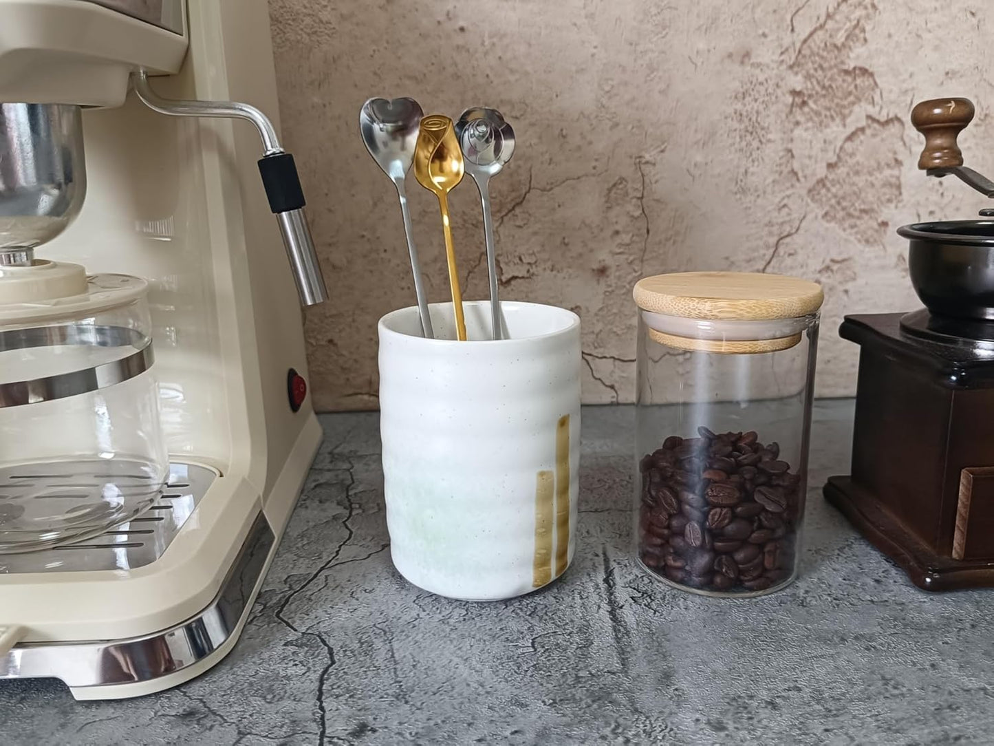 Stoneware Coffee Bar Utensil Holder Tea & Coffee Spoon & Stirrer Holder for Stir Stick Straw Teaspoon Holder Spoon Cup Small Utensil Jar (Spring Sprout)