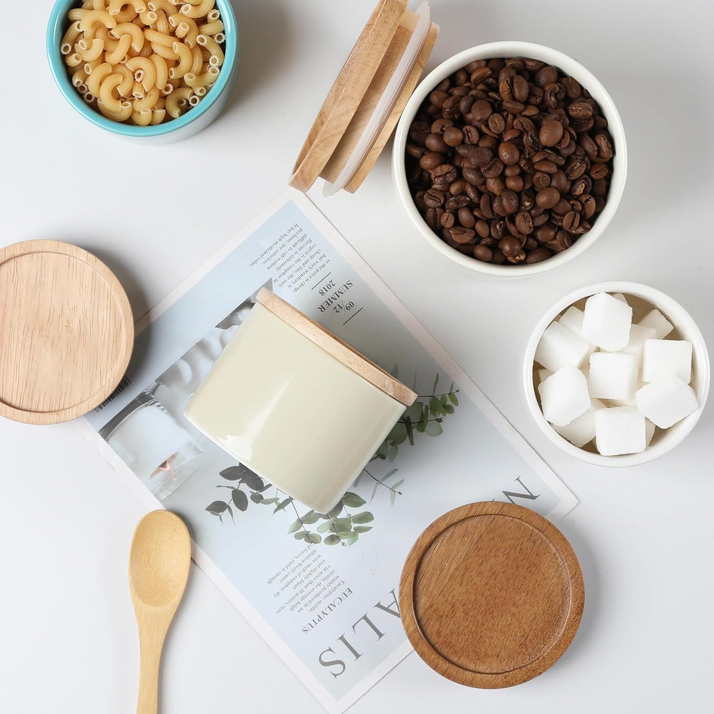 Sweejar Kitchen Canisters Ceramic Food Storage Jar, Stackable Containers with Airtight Seal Wooden Lid for Serving Ground Coffee, Tea, Sugar, Salt and More - 16 Fl Oz (Beige)