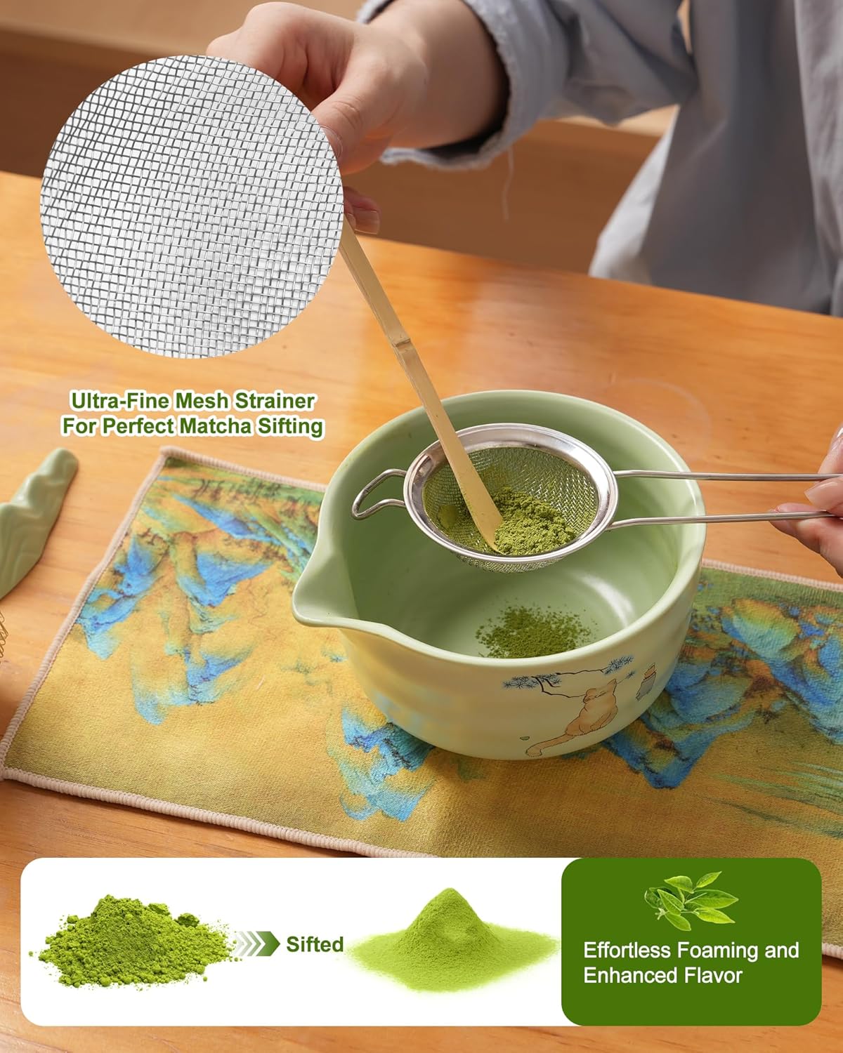 Matcha Whisk Set, Ceramic Matcha Set Includes Matcha Bowl, Matcha Whisk and Holder, Bamboo Scoop, Scoop Rest, Sifter and Tea Towel - 7 Pcs Matcha Kit(Green)