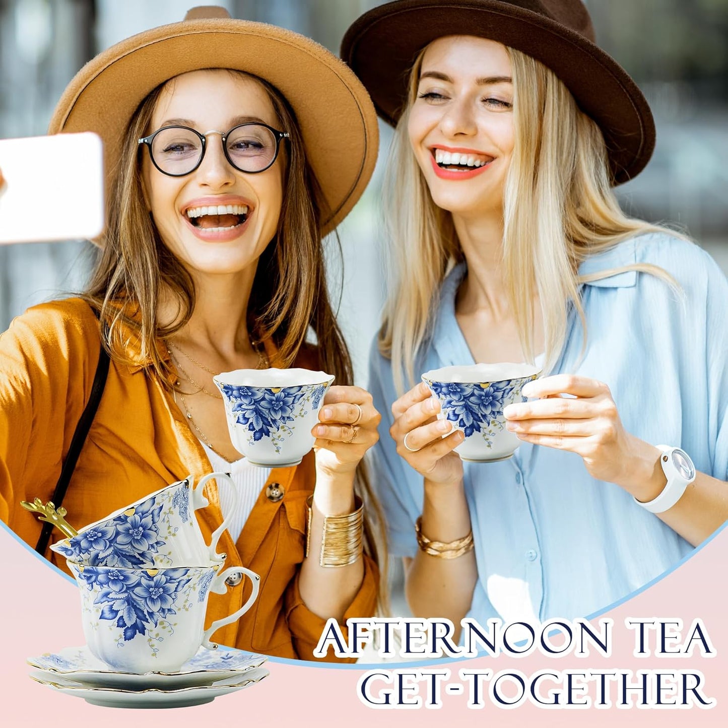 TATSUMI Country Roses Bone China Tea Cup and Saucer Set, 3 Pieces, Vintage Style, For Women and Tea Parties(Rose Blue,1 Set)