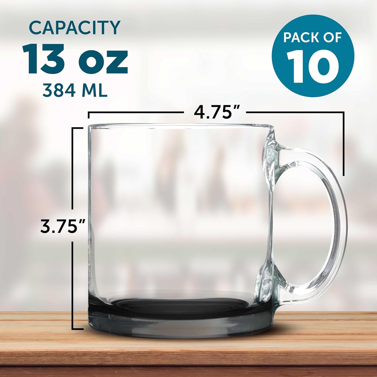 Libbey Clear Glass Coffee Mugs 13 oz. Set of 10, Bulk Pack - Perfect for Coffee, Tea, Espresso, Hot Cocoa, Other Beverages - Black Bottom