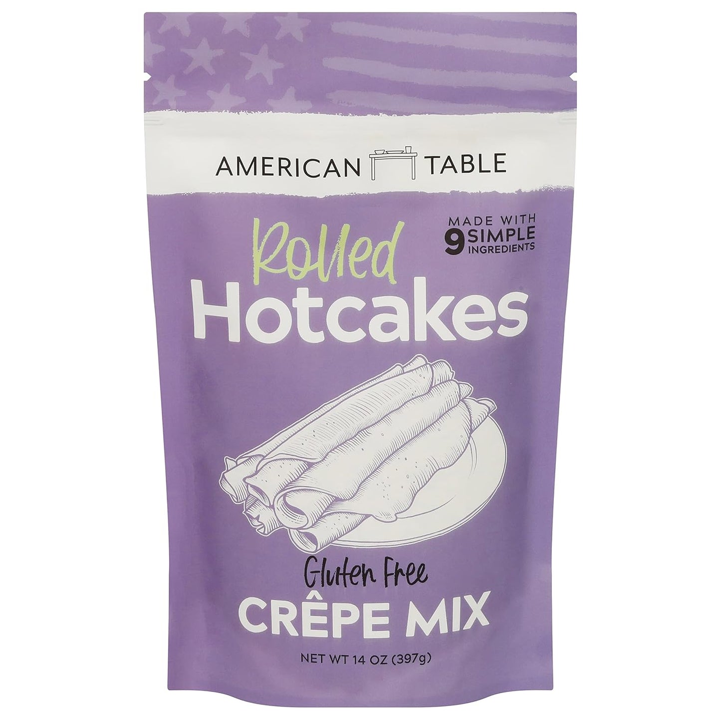 Gluten Free Rolled Hotcakes Crepe Mix by American Table, Made with American-Grown Ingredients & Pure Vanilla, French-Style, Non-GMO, Low Sugar, No Preservatives, Makes 24 Crepes (14 oz, Pack of 1)