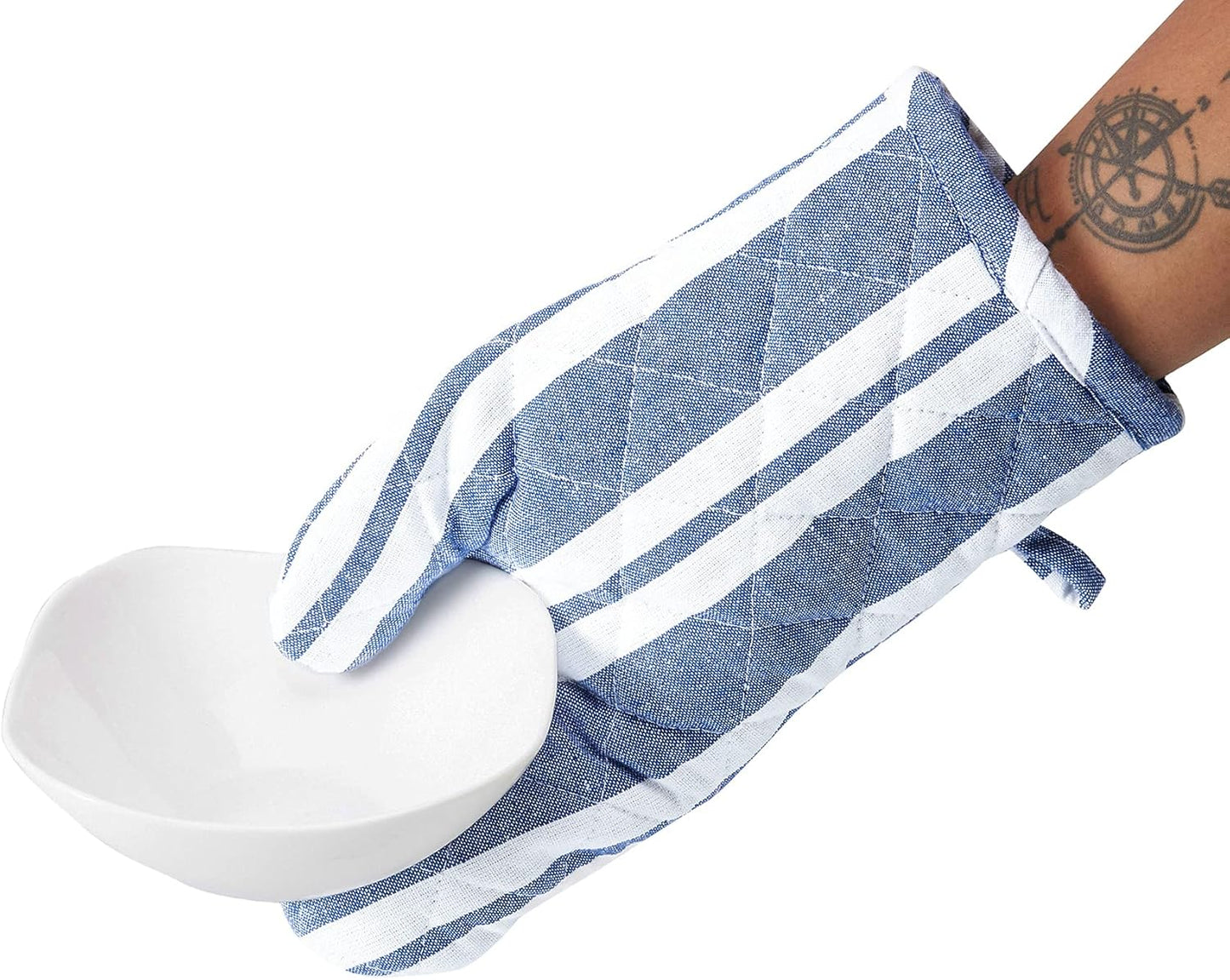 Encasa XO Long 12"x7" Oven Microwave Hand Gloves Mitts (2 pc Set) for Kitchen Cooking & Baking - Heat Resistant, Thick & Safe, Protection of Hands from Hot Utensils - Franca Blue Stripes