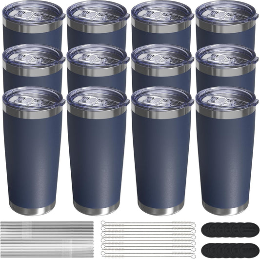 Travel Coffee Tumbler 20oz, 12 Pack Leakproof Travel Coffee Mug with Lid and Straw, Stainless Steel Double Wall Vacuum Insulated Tumbler for Hot/Iced Drinks (Textured Matte, Navy Blue)