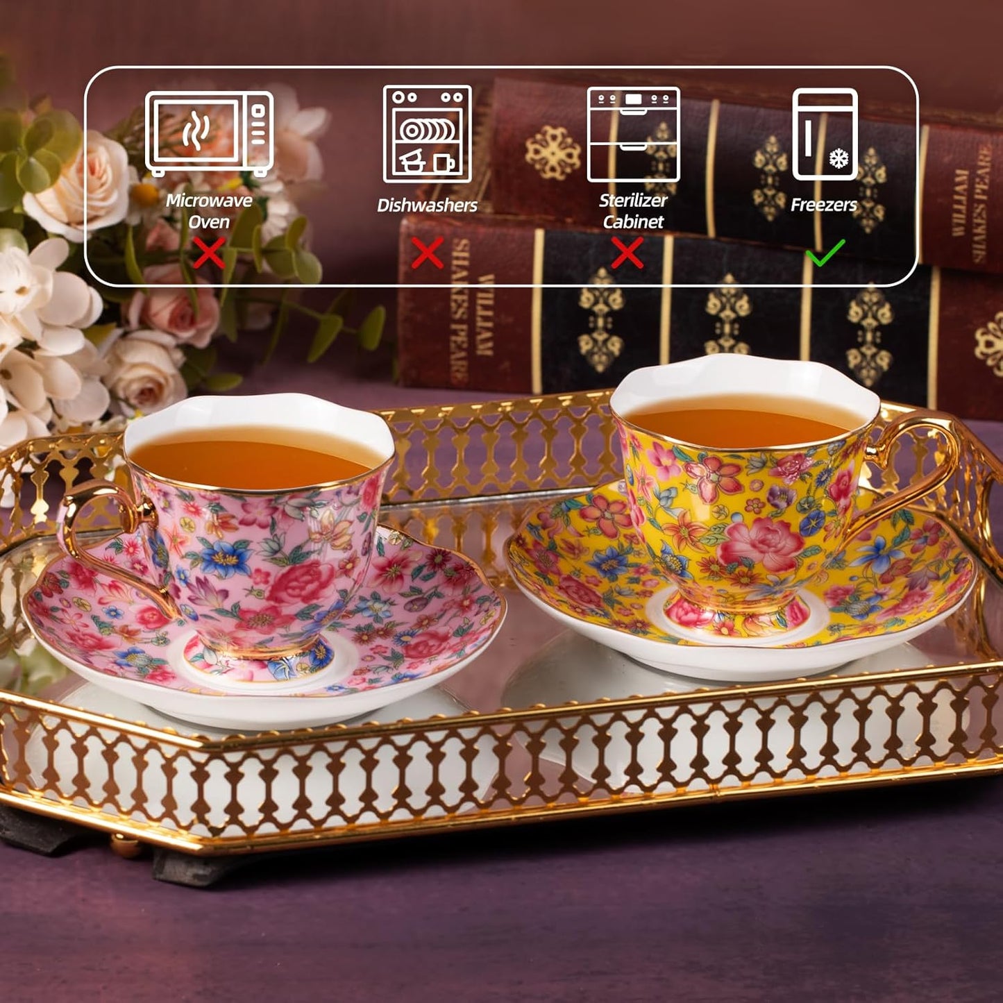 KAMMAK Tea Cups and Saucers Set of 2, Porcelain Coffee Cups with Saucer for Espresso, Cappuccino, 6.3oz Vintage Pink and Yellow Ceramic Demitasse Mug for Home, Tea Party, Office