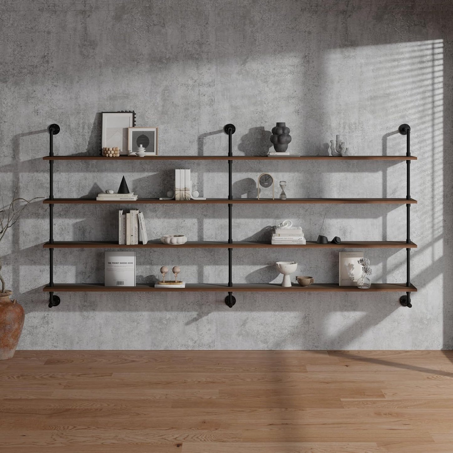 Industrial Pipe Wall Shelves With Real Wood Plank, 70 Inches Floating Shelves for Wall, 4 Tier Farmhouse Book Shelves, Dark Brown for Kitchen, Living Room Decor and Bar