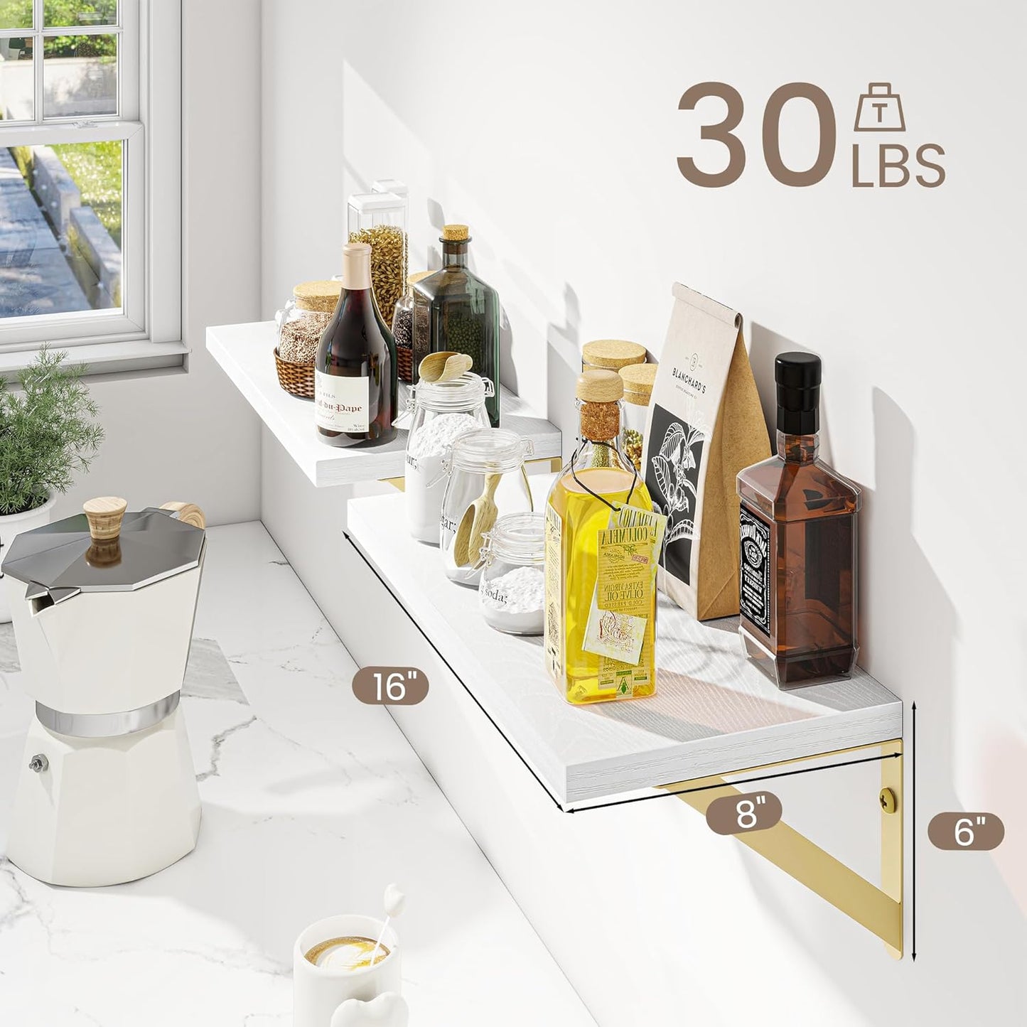 Dreamland Deep Floating Shelves for Wall, 16W x 8D Wall Mounted Shelves Set of 2, Floating Shelves Bedroom with Sturdy Metal Brackets for Living Room, Bathroom and Kitchen, White with Gold Brackets