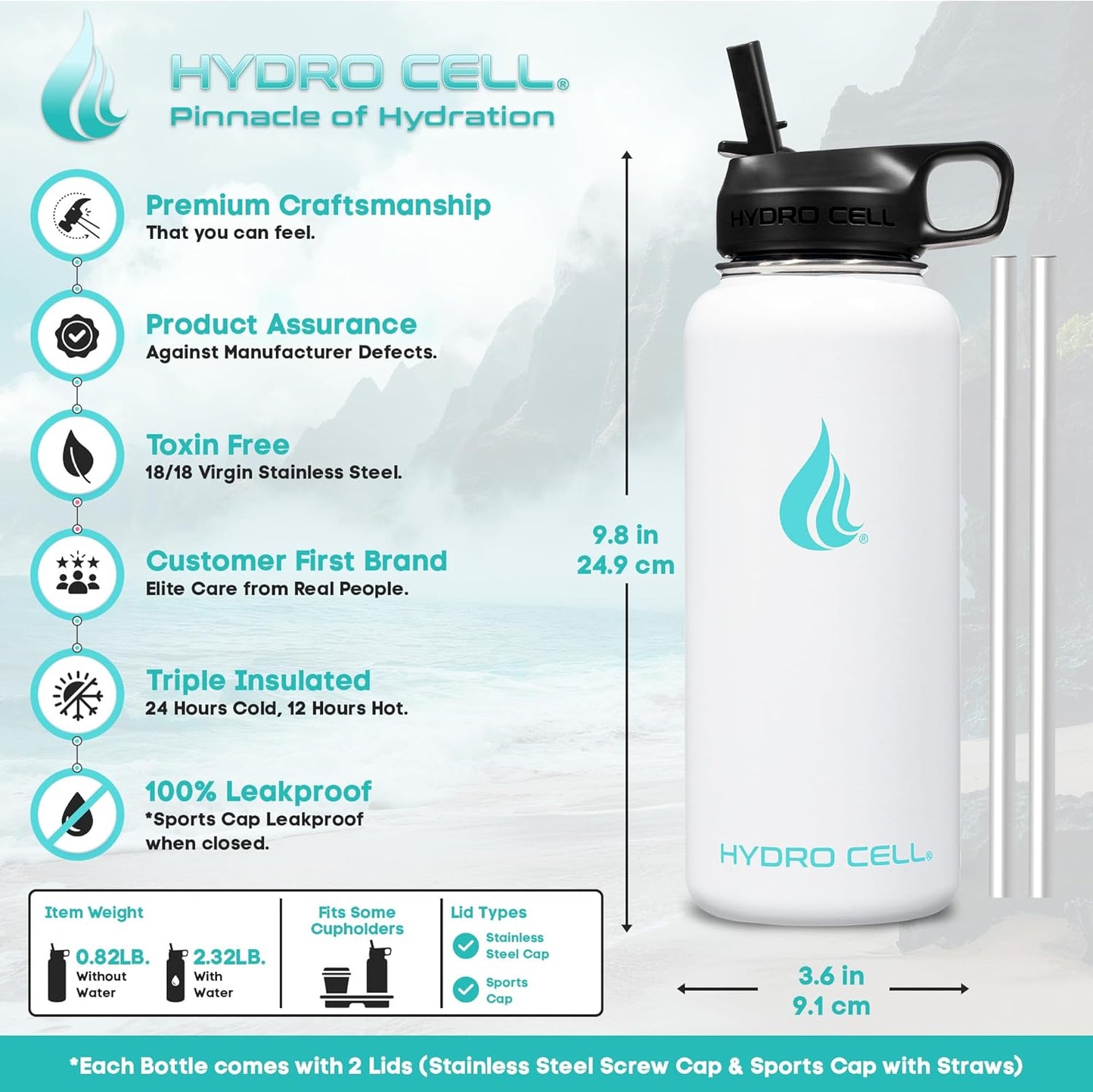 HYDRO CELL Stainless Steel Insulated Water Bottle with Straw - For Cold & Hot Drinks - Metal Vacuum Flask with Screw Cap and Modern Leakproof Sport Thermos for Adults (White 32oz)
