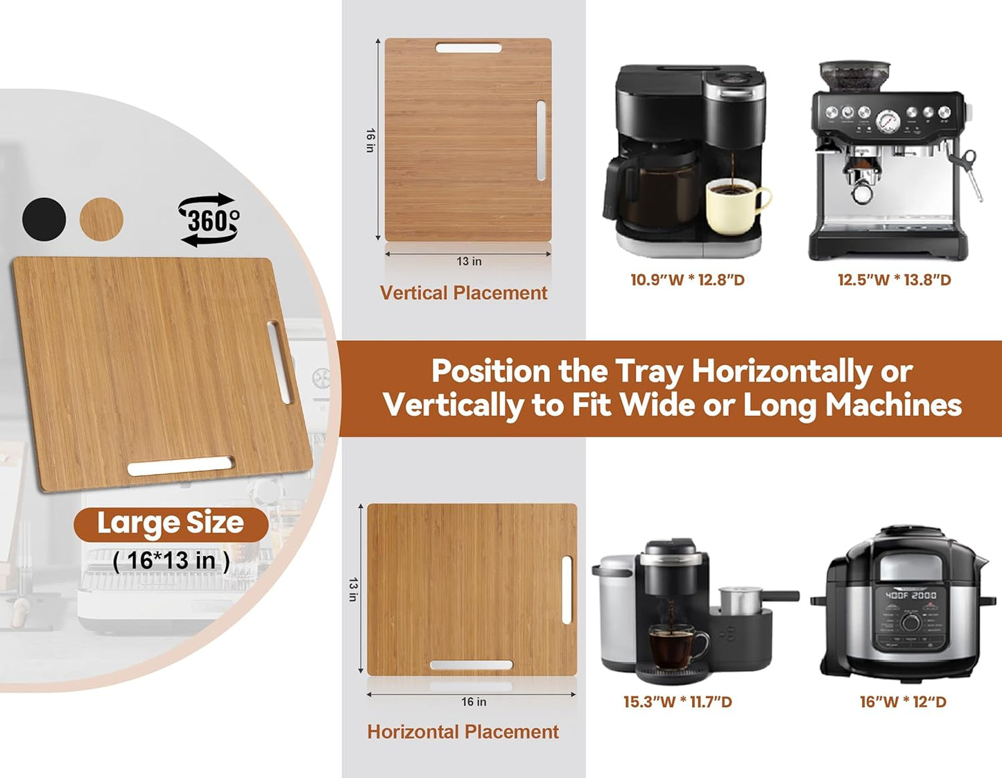 Joy&Grace Appliance Slider for Kitchen Appliances 360° Rolling Sliding Tray for Coffee Maker Countertop, Bamboo Coffee Pot Slider Rolling Tray (Natural, Large 16"x13")