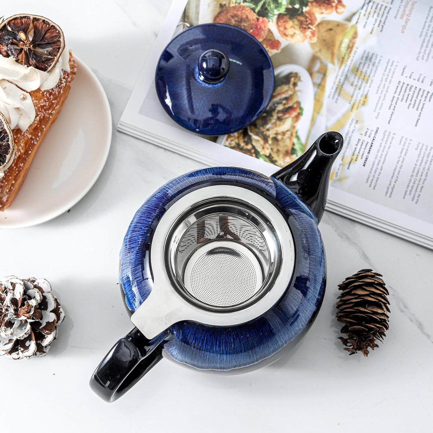 KOOV Tea Pot with Infuser for Loose Tea, 34 ounce Ceramic Teapot with Infuser, Enough For 6 Cups, Tea Pots with Tea Strainers for Tea Party, Reactive Glaze (Nebula Blue)