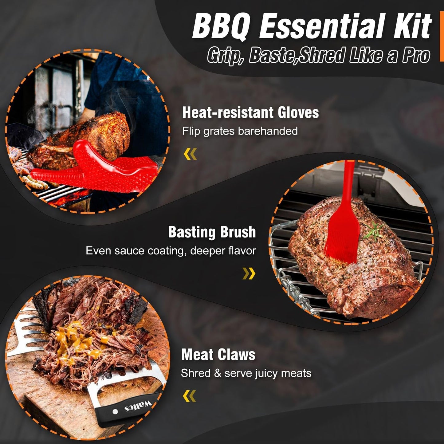 Walfos Silicone BBQ Gloves - Heat Resistant Grilling Gloves Set with Pork Shredder Claws & Brush, Non-Slip Kitchen Silicone Oven Mitt with Protective Cotton Layer, Suit for Indoor & Outdoor, Red