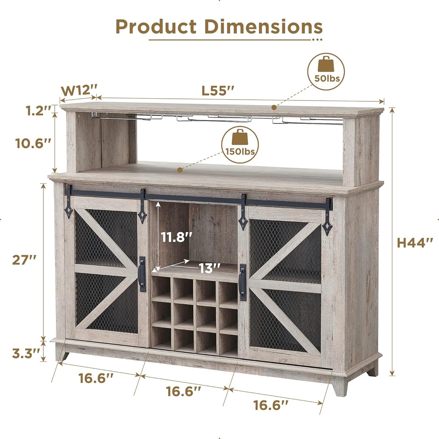 OKD Farmhouse Coffee Bar Cabinet with LED Lights, 55" Wine Bar w/Sliding Barn Door & Wine and Glass Rack, Kitchen Buffet Cabinet w/Storage Shelves for Dining Room,Light Rustic Oak
