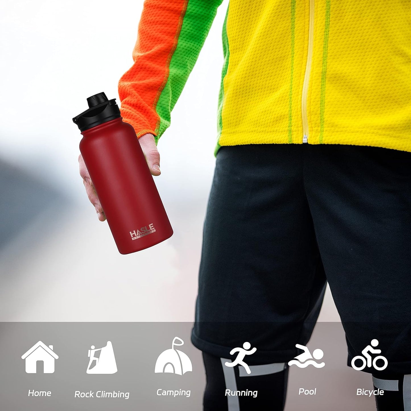 HASLE OUTFITTERS 32 oz Insulated Water Bottle Stainless Steel Double Walled Vacuum Sports Water Bottle with 2 Lids (Straw and Spout Lid) for Gym Camping Hiking(Red,4)
