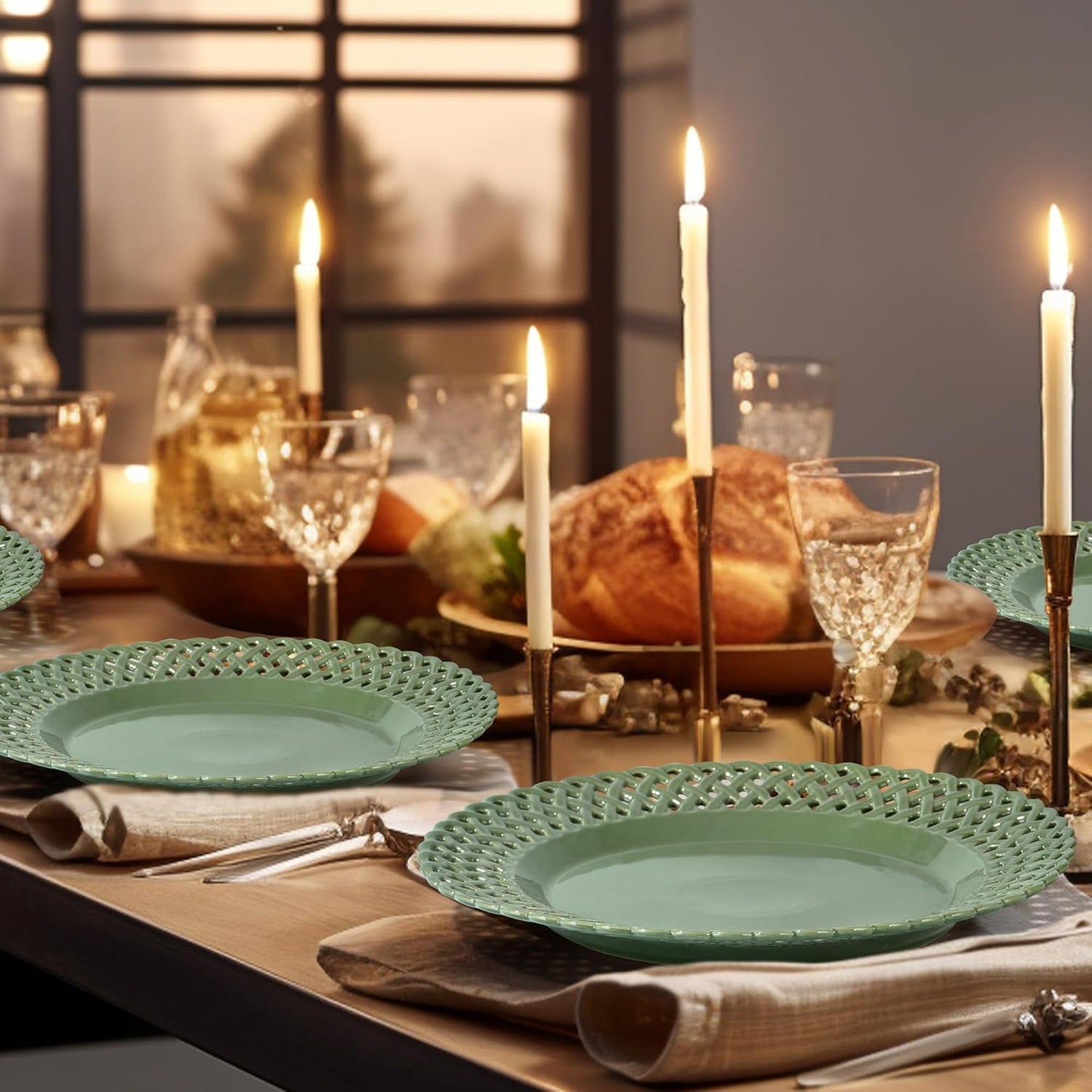 Graceful Basketweave Wide Rim 12 inch Dinner Plates, Extra Large Round Platter Scallop Serving Tray Set of 4, for Restaurant, Kitchen, Party, Home, Wedding, Gift, Microwave Dishwasher Safe, Sage Green