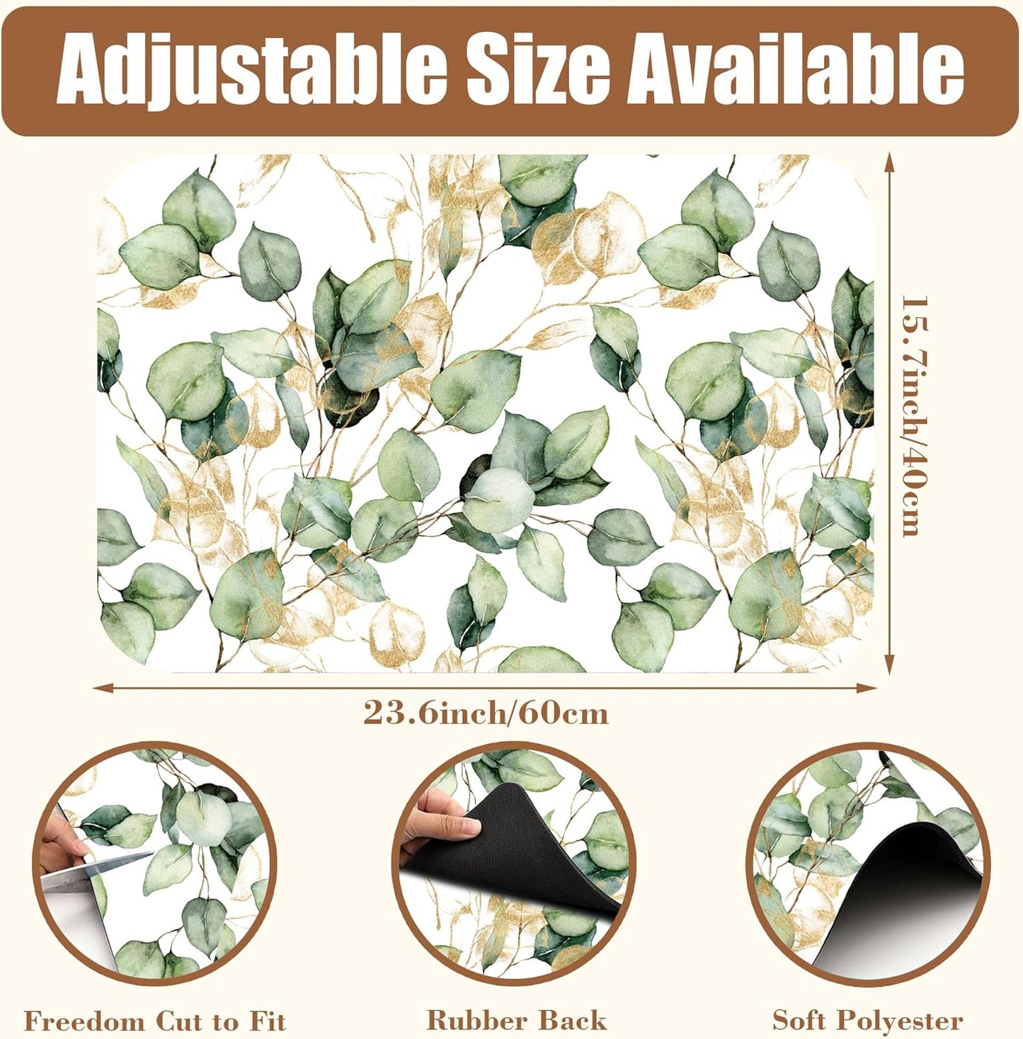 Gold and Green Eucalyptus Leaf Dish Drying Mat for Kitchen Counter Coffee Bar Mat Hide Stain Absorbent Rubber Backed Dish Drainer Rack Pad Coffee Pot Espresso Machine Accessories 15.7 x 23.6 Inch