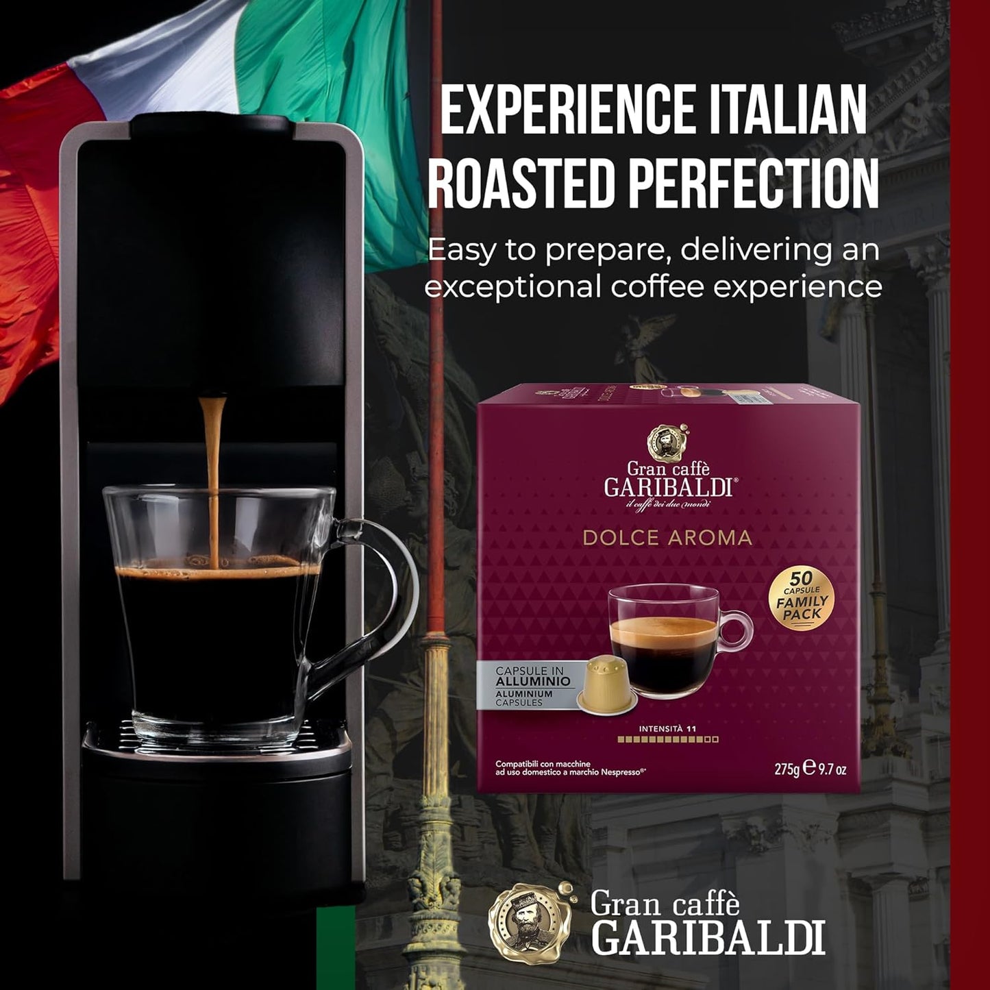 Gran Caffè Garibaldi Espresso Pods, Italian Roasted Coffee, Compatible Nespresso Original Line Machines, Nitrogen Flushed, Intense Aroma, Full-Bodied Crema - Dolce Aroma 200 Aluminum Cups