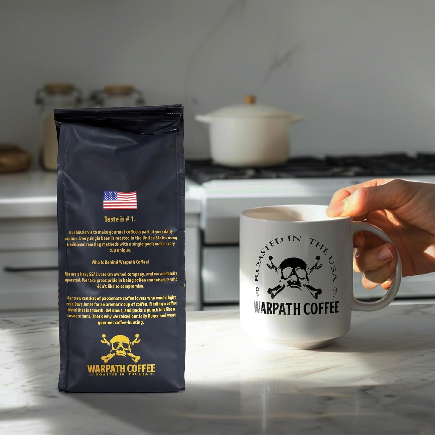 Warpath Coffee Dark Roast Whole Bean Coffee, Mariner's Blend, High Caffeine, Extra Strong Roasted 100% Arabica Coffee Beans Whole, Rich Aroma, Full-Bodied Intense Cup, Created by Navy SEALs, 12oz