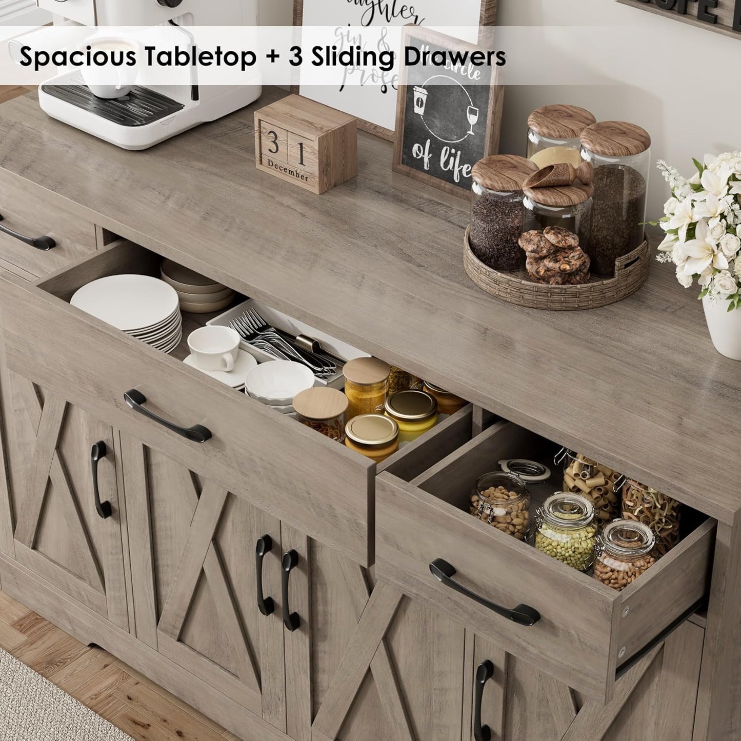 HOSTACK Buffet Sideboard Cabinet with Drawers, 55" Large Buffet Storage Cabinet with Shelves and Doors, Modern Farmhouse Coffee Bar Station for Kitchen, Dining Room, Ash Grey