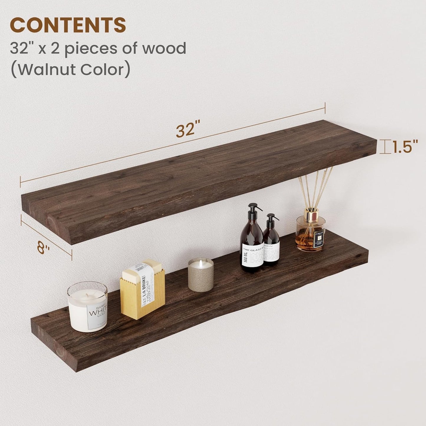 Floating Shelves for Wall Decor, Rustic Solid Elm Wood Live Edge Floating Shelves Wall Mounted, Wall Shelves with Invisible Bracket for Living Room Bathroom Bedroom Kitchen, 32 Inch Set of 2, Walnut